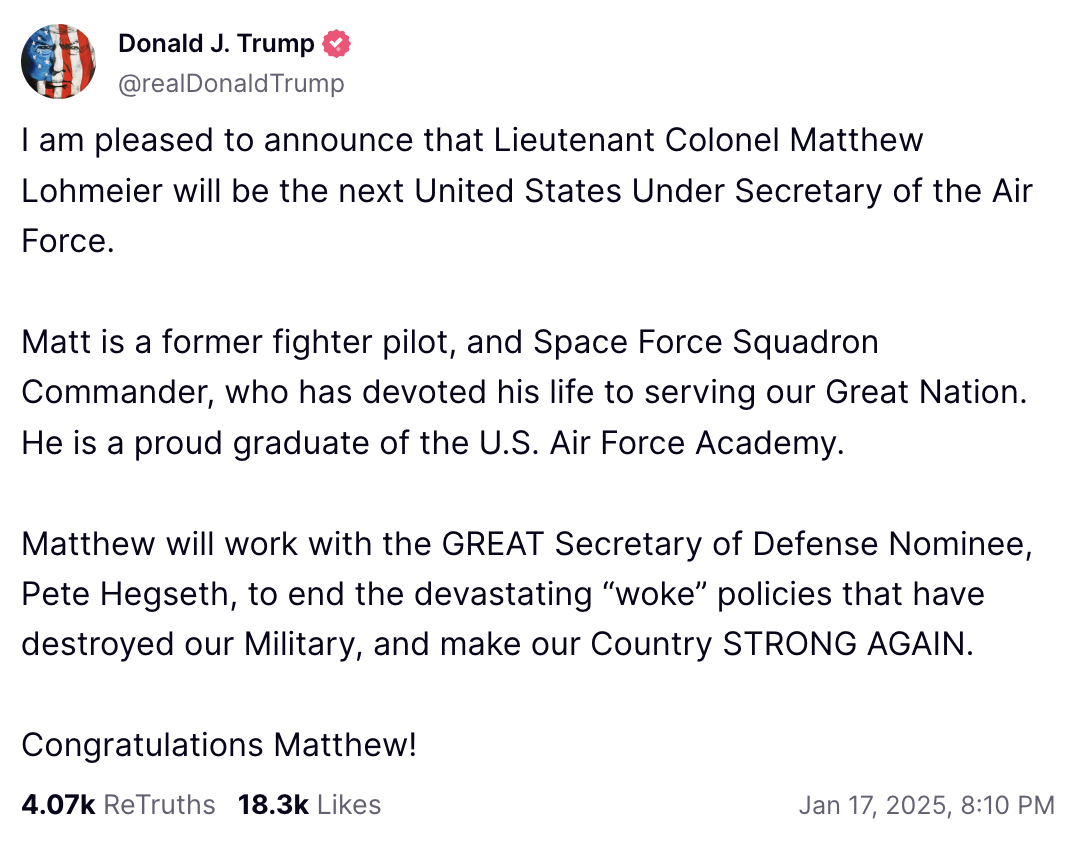 Matt Lohmeier Is Nominated As Under-Secretary Of The Air Force