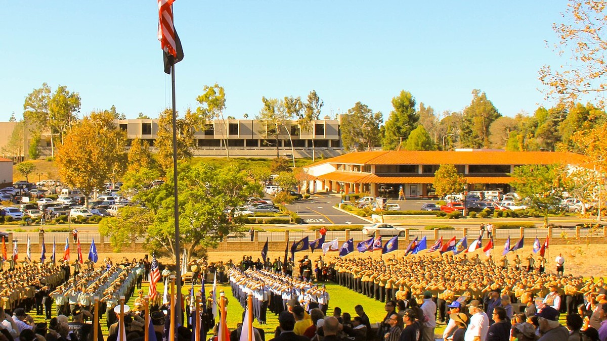 Uniformed formations and a crowd at a Veterans Day ceremony beneath the American flag
